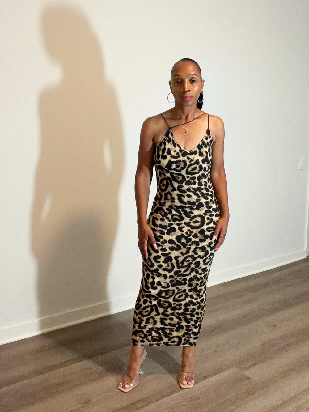 Leopard Print Slip Midi Dress - Beige/Black